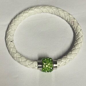 White Braided leather bracelet green rhinestone stainless steel magnetic closure